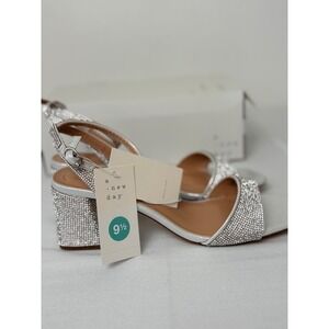 A New Day shannon Silver Rhinestone Block Heel Sandals Shimmery Ankle Strap 9.5